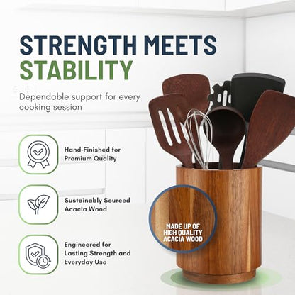 Linda's Essentials Acacia Wooden Utensil Holder for Kitchen Counter, 7.2" Wood Utensil Holder Counter, Kitchen Utensils Holder with 360° Rotation, Non-Slip Large Utensils Holders, Spatula Holders