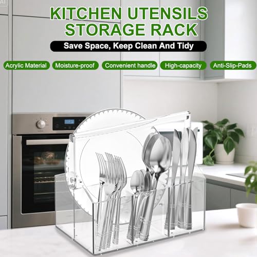 Chivalral Clear Acrylic Utensil Caddy, 4 Compartment Silverware Holder | With drainage holes & silicone anti-slip pads,Portable magnetic rotating handle for Kitchen, picnic, party ,Buffet,Camping