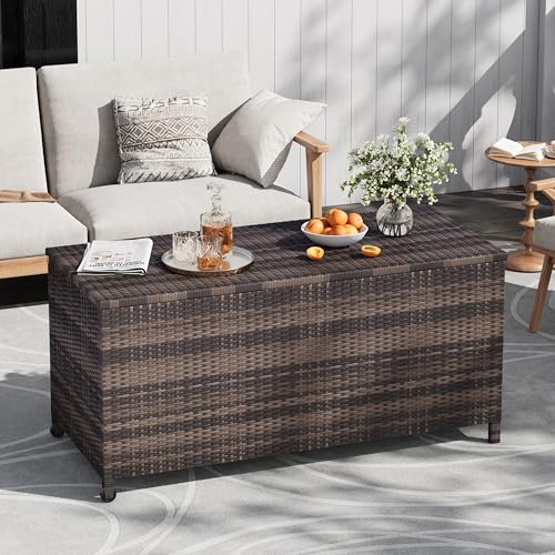 125 Gallon Large Deck Box Waterproof PE Rattan Outdoor Storage Box with Handles and Wheels, Storage Bin for Garden, Balcony, Porch, Pool, Yard | Outdoor Storage Box with Handles and Wheels, Storage Bin for Garden, Balcony, Porch, Pool, Yard