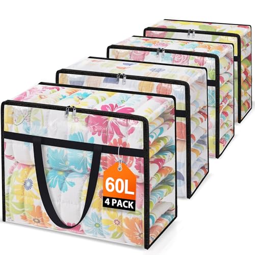 4 Packs 60L Clear Under Bed Storage Containers, Large Clothes Storage Bags | Heavy Duty Large Capacity Foldable Moving Bags with Sturdy Handles, Clothing Organizer Totes for Bedding Comforter Sheet