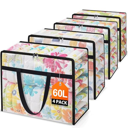 4 Packs 60L Clear Under Bed Storage Containers, Large Clothes Storage Bags | Heavy Duty Large Capacity Foldable Moving Bags with Sturdy Handles, Clothing Organizer Totes for Bedding Comforter Sheet