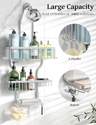Never Rust Shower Caddy Hanging, Aluminum Shower Racks for Inside Shower, 3-Tier Shower Organizer Hanging Over Shower Head with Hooks and Soap Holder, Silver