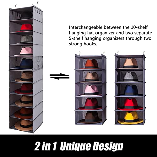 Oxford Cloth Hat Rack for Closet, Storage or Display, Grey, Large | Space Saver, 10-Shelf Organizer for Wide Brim Fedora, Trilby, Sunhat, Cowboy Hat, Baseball Cap, 2 Separate 5-Shelf, M, L, XL
