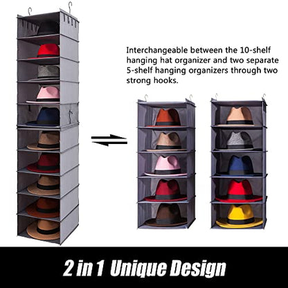 Oxford Cloth Hat Rack for Closet, Storage or Display, Grey, Large | Space Saver, 10-Shelf Organizer for Wide Brim Fedora, Trilby, Sunhat, Cowboy Hat, Baseball Cap, 2 Separate 5-Shelf, M, L, XL