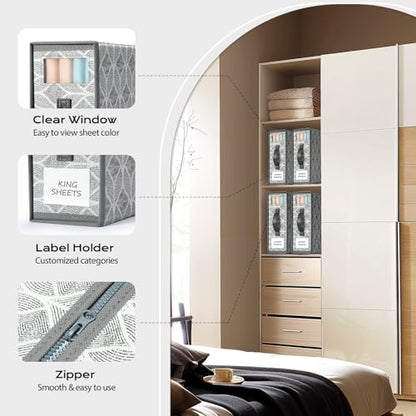 Yecaye Sheet Organizers and Storage, Linen Closet Organizer, 8 Pack, Grey | Foldable Fabric Organizers with Clear Window, Labels and Handles for Queen & King Sheet Sets, Duvet Covers and Pillowcases