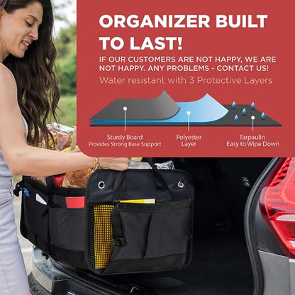 Car Trunk Organizer for SUV & Truck Cargo Storage, Large, Black | Fits Cars, SUVs & Trucks 4 Adjustable Compartments Non-Slip Base & Straps Foldable 11 Pockets Car Accessories