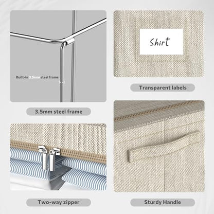 CYhom Clothes Storage Bins Box - Linen Fabric Foldable Stackable Container Organizer Set with Clear Window & Carry Handles & Metal Frame - 2Pack Large Capacity for Bedding, Blankets, Books