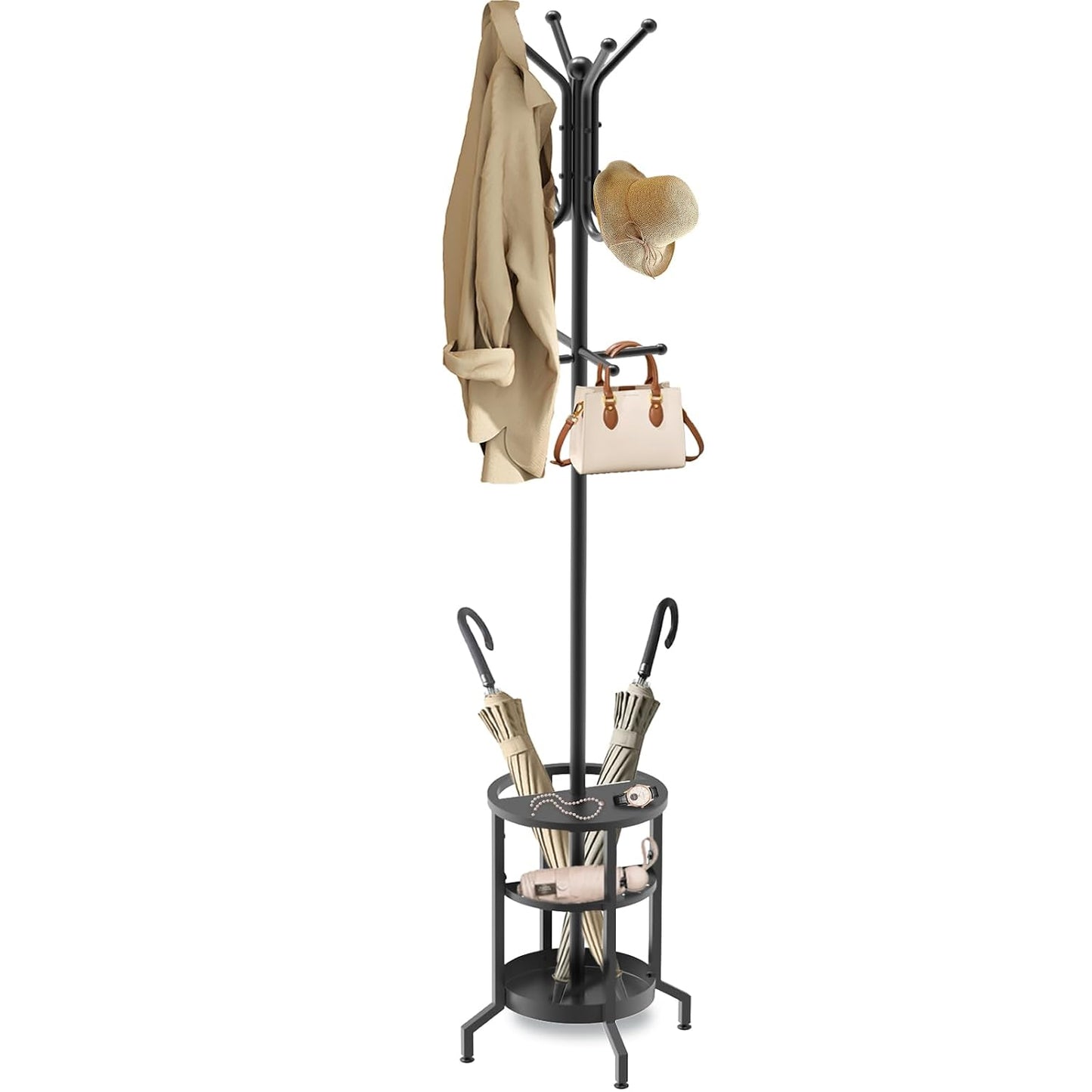 Coat Rack Freestanding, Coat Stand with Umbrella Holder, Metal Coat Tree with 12 Hooks, Coat Hanger Stand for Entryway, Coat Rack Stand for Bedroom, Living Room & Office
