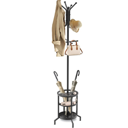 Coat Rack Freestanding, Coat Stand with Umbrella Holder, Metal Coat Tree with 12 Hooks, Coat Hanger Stand for Entryway, Coat Rack Stand for Bedroom, Living Room & Office