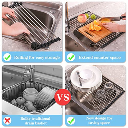 Roll Up Dish Drying Rack Over The Sink for Kitchen... (Black | Stainless Steel)