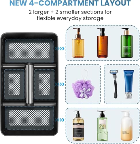 Plastic Shower Caddy Dorm: Portable Cleaning & Shower Caddy with Handle, 4 Divided Compartments, All-Side Drainage, Rigid Plastic Basket Tote for College Dorm & Bathroom Use, Black/Silver