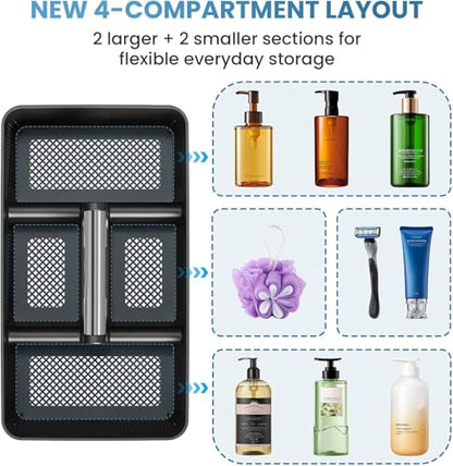Plastic Shower Caddy Dorm: Portable Cleaning & Shower Caddy with Handle, 4 Divided Compartments, All-Side Drainage, Rigid Plastic Basket Tote for College Dorm & Bathroom Use, Black/Silver