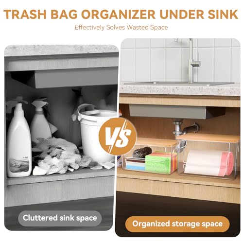 Trash Bag Holder Dispenser 2 Pack, Under Sink Organizer for Pantry, Kitchen | Acrylic Garbage Bag Dispenser, with Bamboo Top & Handles, Extra Large, Keep Onions and Potatoes Neat, Clear, Stackable, XL+S