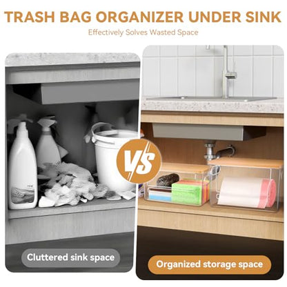 Trash Bag Holder Dispenser 2 Pack, Under Sink Organizer for Pantry, Kitchen | Acrylic Garbage Bag Dispenser, with Bamboo Top & Handles, Extra Large, Keep Onions and Potatoes Neat, Clear, Stackable, XL+S
