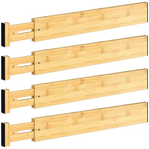 4 PCS Drawer Divider, 17"-22" Adjustable Bamboo Drawer Dividers Organizers, Expandable Separators for Kitchen, Clothes, Dressers, Home, Office