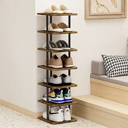 Shoe Rack Storage Vertical Narrow Shoe Organizer Shelf 7 Tier | Metal Slim Shelf,Modern Minimalist Free Standing Shoe Tower, Saving Space for Closet,Entryway,Bedroom,Black+Rustic Brown