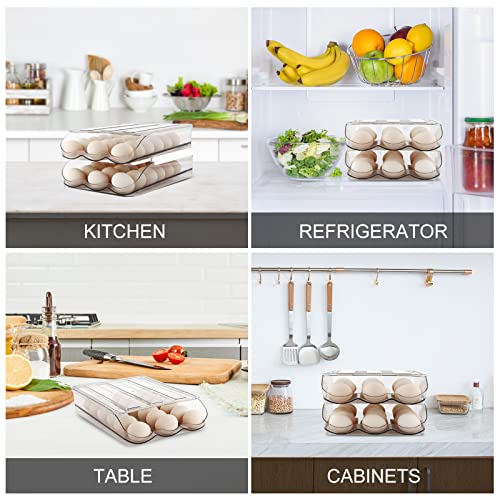 MesRosa Egg Holder for Fridge, Automatic Rolling Container Storage 36 Eggs | Clear Large Capacity Egg Organizer for Refrigerator with Lid, Stackable Dispenser, Tray & Bin, Saving Space -2 Layer