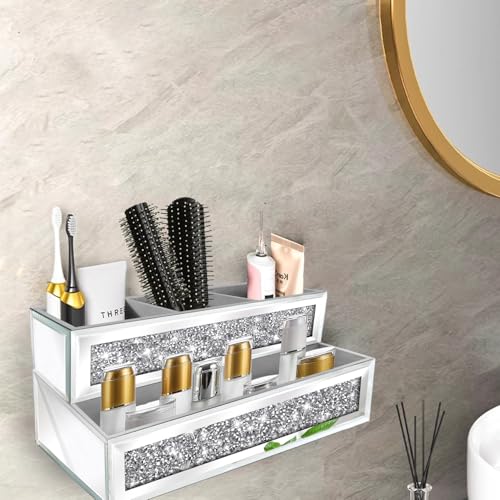 Mirror Hair Dryer Holder Upgrade Crystal Crush Diamond Hair Tool Organizer Wall Mount. Silver Bathroom Cabinet Tray for Blow Dryers, Hairdryer Straightener, Makeup,Brushes .(10.5”x7”x5”)