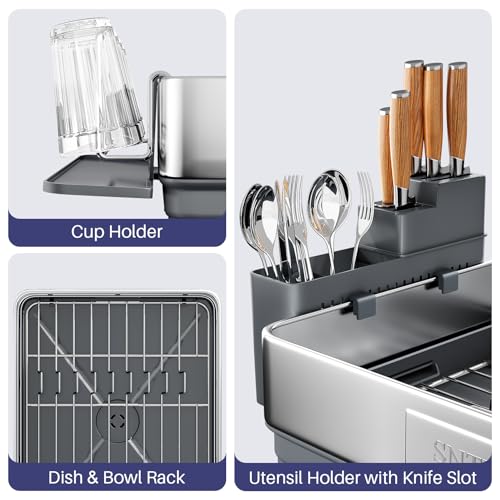 SNTD 304 Stainless Steel Dish Drying Rack for Small Kitchen Counter, Grey | Rustproof, Large Capacity, Heavy-Duty Frame, Rotating Spout, Angled Drainboard, Removable Cup & Utensil Holder