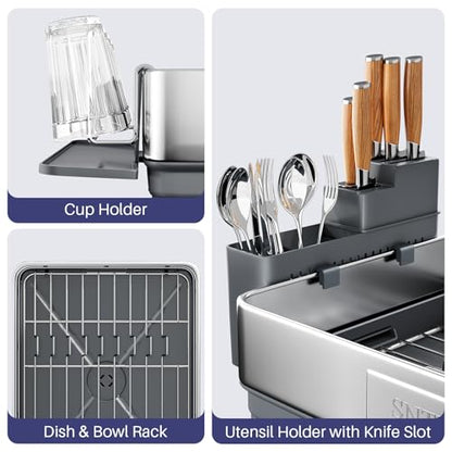 SNTD 304 Stainless Steel Dish Drying Rack for Small Kitchen Counter, Grey | Rustproof, Large Capacity, Heavy-Duty Frame, Rotating Spout, Angled Drainboard, Removable Cup & Utensil Holder