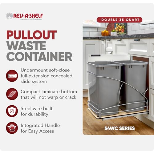 Rev-A-Shelf Double Pullout Trash Can w/Soft-Close Slides, 14.5" Min Opening | Large Capacity Garbage/ Recycling Waste Bins for Under Kitchen Cabinets, Heavy Gauge Wire Construction, 54WC-1835SC-17-1