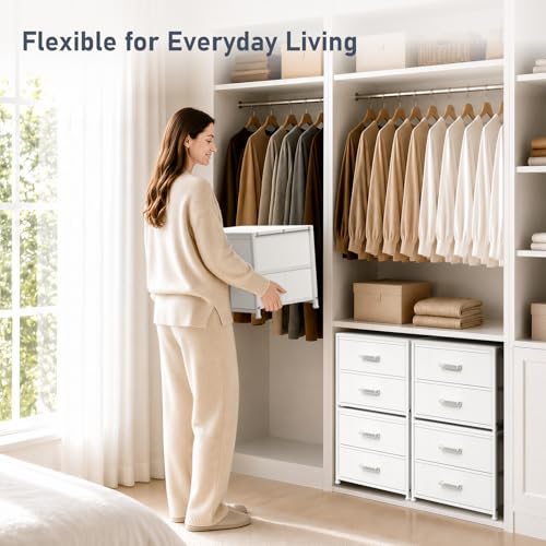 DIMJ Stackable Storage Drawers for Closet Organizers and Storage - Small Dresser for Closet with 4 Fabric Drawers, Closet Storage Drawers, Dresser for Bedroom Organizer for Small Spaces, White