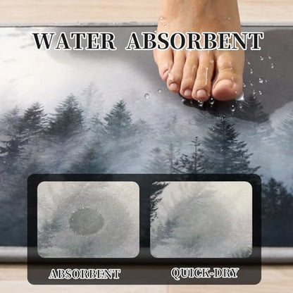 ORTIGIA Misty Forest Bathroom Rug, 16x24 Black Thin Bath Mat Doormat Floor Mat Absorbent Quick Dry Non Slip, Diatomaceous Mud Mats with Rubber Backing for Shower Tub Sink Laundry Kitchen Doorway