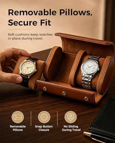 Watch Travel Case for Men: Watch Roll Box 2-Slot with Removable Pillows | Soft Lining, Snap Closure, Portable Storage Compact Organizer for Travel & Display - Gift for Men (Brown)