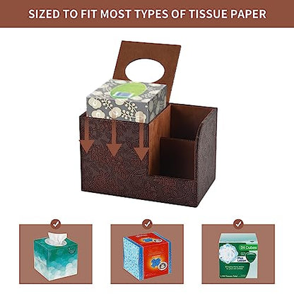 PU Leather Tissue Box Cover Square Tissue Holder Tissues Box Organizer with 2 Compartment,Remote Control Holder,Multifunctional Decorative Tissue Box Covers Cube,Home Office Desktop Storage Box,Retro