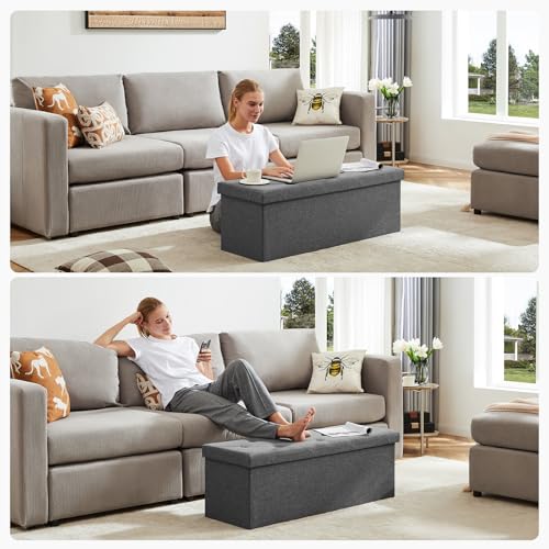 DUMOS 43 Inch Folding Storage Ottoman Bench, Large Ottoman with Storage | Storage Chest with Thicker Foam Padded Seat, End of Bed Foot Rest Stool for Bedroom Living Room Entryway, Load 660 lbs, Grey