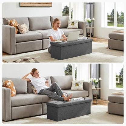 DUMOS 43 Inch Folding Storage Ottoman Bench, Large Ottoman with Storage | Storage Chest with Thicker Foam Padded Seat, End of Bed Foot Rest Stool for Bedroom Living Room Entryway, Load 660 lbs, Grey