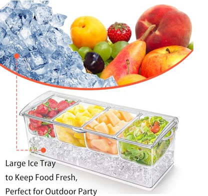 Large Ice Chilled Condiment Server with Lid, 4 Com... (Clear | Plastic)