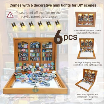 Anxiety Bookshelf with 6 Decorative Mini Lights and 400 Mini Book Pieces, Miniature Bookshelf, Book Organizer for Office Desk, Library Decor for Tiny Home and Bookish Spaces, 10.2 x 9.1 x 3.1 in