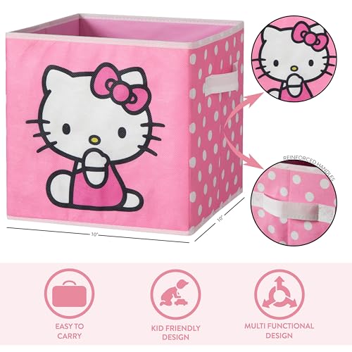Hello Kitty Set of 2 Storage Cubes with Handles, Durable Foldable Fabric Organizer Bins for Bedroom, Closet, Nursery & Dorm, 10x10x10 Inch Cube Storage Baskets for Toys, Clothes & Shelves