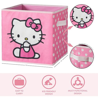 Hello Kitty Set of 2 Storage Cubes with Handles, Durable Foldable Fabric Organizer Bins for Bedroom, Closet, Nursery & Dorm, 10x10x10 Inch Cube Storage Baskets for Toys, Clothes & Shelves