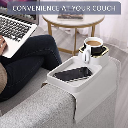Couch Cup Holder Tray – Weighted Silicone Sofa Armrest Organizer Table with Anti-Spill Coaster, Easy Reach for Drink, Snacks, Remote & Phone, Non-Slip Base, Easy Clean