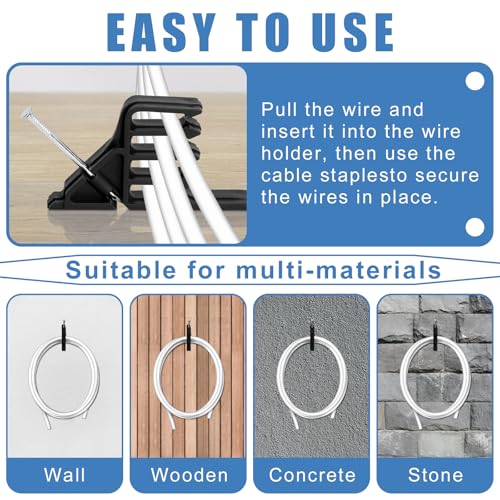 Cable Stackers 200 Pack, Multi-Cable Electrical Wire Clips with Steel Nails | Durable Black Plastic Electrical Wire Staples for Power and Telephone Cables, Hammer-In Design Organizes Thick and Thin Cords