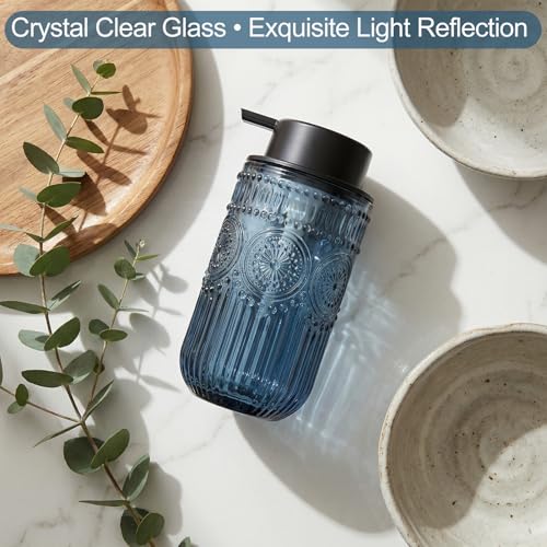 Blue Glass Foaming Soap Dispenser, 14 OZ Vintage Embossed Foam Hand Soap Dispenser, Refillable Foam Dispenser with Black Pump for Bathroom, Kitchen Decor, Large Capacity