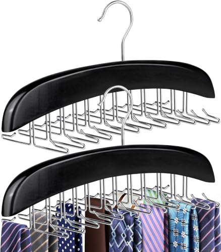 2 Pack Tie Rack Hanger, 24 Hooks Each, Space Saving Wooden Tie Organizer for Men, Holds Up to 24 Ties Belts Scarves, 360° Rotating Anti-Slip Rustproof Foldable Steel Hooks, No Wrinkles