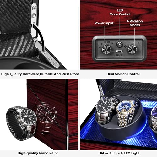 ANWBROAD Watch Winders For Automatic Watches, Watch Turner For Automatic | Automatic Watch Winder Box With Led Light,4 Watch Winder,4 Watch Rotator And Super Quiet Motor And 4 Rotation Mode,UJWW011Y