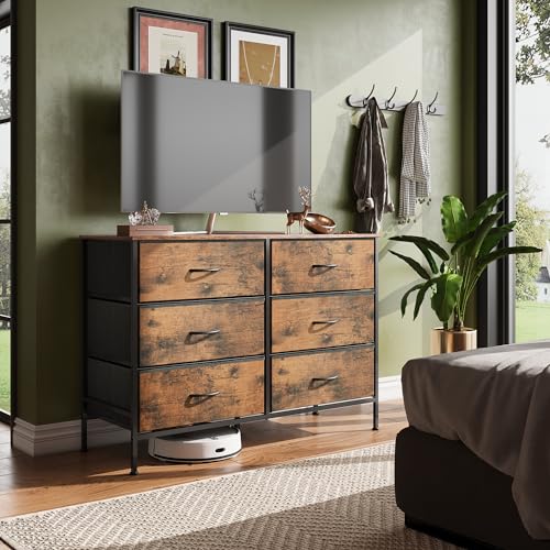 WLIVE Dresser for Bedroom with 6 Fabric Drawers, Rustic Brown | Closet Dresser, Metal Frame, Wooden Top, Fabric Dresser for Closet, Living Room, Hallway
