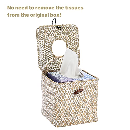 Sumnacon Tissue Box Cover Square Seagrass Tissue Box with Lid, Woven Tissue Box Holder Rustic Cube Tissue Cover for Bathroom Toilet Bedroom Living Room Kitchen Table Desk Office Car, Whitewash