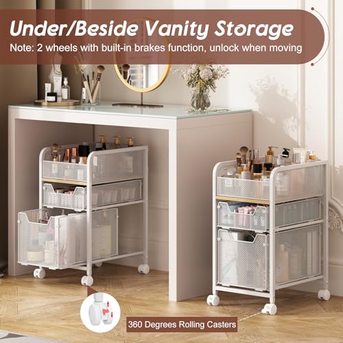 Rolling Makeup Cart Organizer with 2 Drawers, Under Desk Storage | Narrow Floor Skincare Organizers, Vanity Organizer Cosmetics Display Cases Holder for Nail Polish Perfume Makeup Brush, White