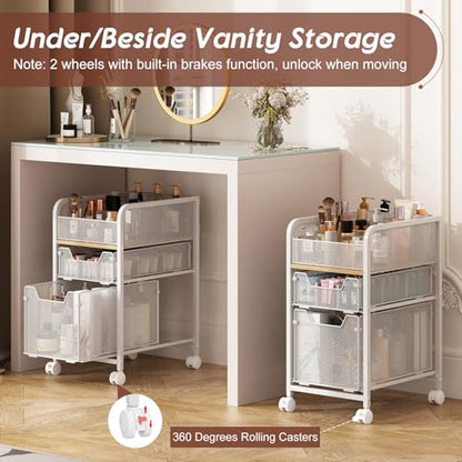 Rolling Makeup Cart Organizer with 2 Drawers, Under Desk Storage | Narrow Floor Skincare Organizers, Vanity Organizer Cosmetics Display Cases Holder for Nail Polish Perfume Makeup Brush, White