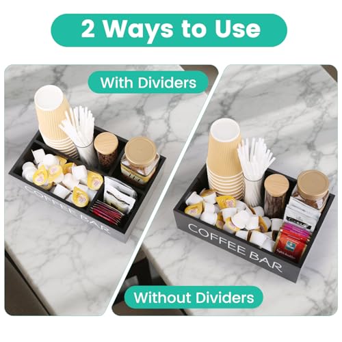 Coffee Bar Organizer – Wooden Coffee Station with 4 Compartments, Removable Dividers, and Condiment Storage for Home & Office