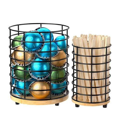Coffee Pod Holder & Coffee Stirrers Holder Set, Me... (Black | Wood)