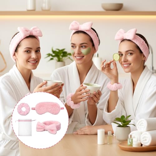 48 Pcs Spa Party Supplies Bulk, 12 Spa Headband 12 Plush Sleep Eye Mask 12 Velvet Scrunchies 12 Organza Bags Disposable for Bachelorette Sleepover Slumber Party Favors Christmas Favors Gift(Pink)