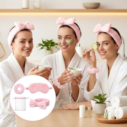 48 Pcs Spa Party Supplies Bulk, 12 Spa Headband 12 Plush Sleep Eye Mask 12 Velvet Scrunchies 12 Organza Bags Disposable for Bachelorette Sleepover Slumber Party Favors Christmas Favors Gift(Pink)