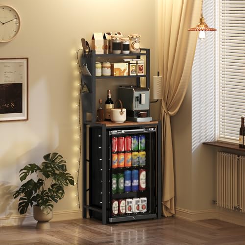 MAHANCRIS Bakers Rack with Mini Fridge Shelf, 3-Tier Microwave Stand, Coffee Bar Station with Paper Holder, Freestanding Kitchen Storage Rack, for Kitchen, Rustic Brown and Black BRHR5401