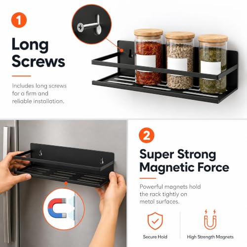 4 Pack Metal Magnetic Spice Rack for Fridge – Heavy-Duty | Iron Construction, Rust-Resistant, Dust-Resistant, Fits Condiment Bottles, Includes Screws for Optional Wall Mount